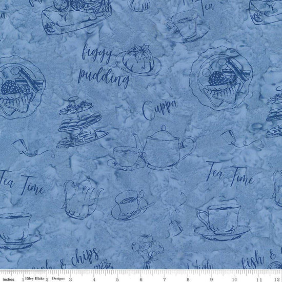 Image of Batiks Around the World London Skystone quilting cotton fabric by Tara Reed for Riley Blake Designs. Features british foods on a blue background. Cute Little Fabric Shop.