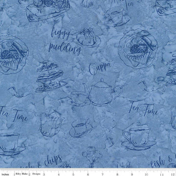 Image of Batiks Around the World London Skystone quilting cotton fabric by Tara Reed for Riley Blake Designs. Features british foods on a blue background. Cute Little Fabric Shop.