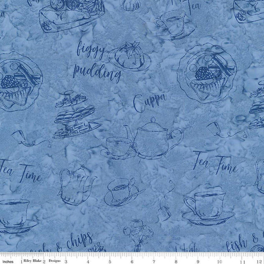 Image of Batiks Around the World London Skystone quilting cotton fabric by Tara Reed for Riley Blake Designs. Features british foods on a blue background. Cute Little Fabric Shop.