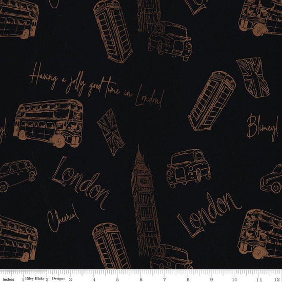 Image of Batiks Around the World London Raven quilting cotton fabric by Tara Reed for Riley Blake Designs. Features british landmarks on a black background. Cute Little Fabric Shop.