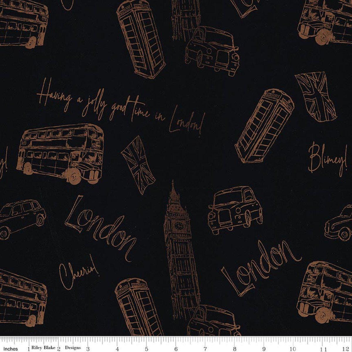 Image of Batiks Around the World London Raven quilting cotton fabric by Tara Reed for Riley Blake Designs. Features british landmarks on a black background. Cute Little Fabric Shop.