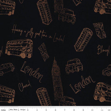Image of Batiks Around the World London Raven quilting cotton fabric by Tara Reed for Riley Blake Designs. Features british landmarks on a black background. Cute Little Fabric Shop.