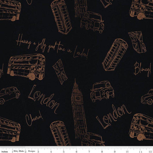 Image of Batiks Around the World London Raven quilting cotton fabric by Tara Reed for Riley Blake Designs. Features british landmarks on a black background. Cute Little Fabric Shop.