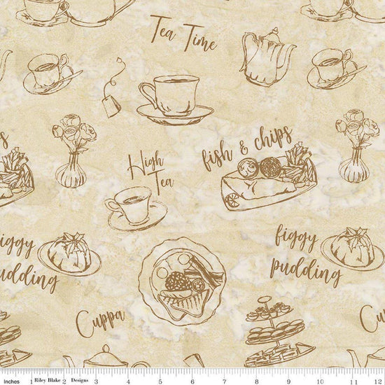 Image of Batiks Around the World London Toasted Almond quilting cotton fabric by Tara Reed for Riley Blake Designs. Features british food on a cream background. Cute Little Fabric Shop.