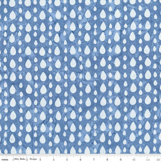 Image of Batiks Around the World London Skystone quilting cotton fabric by Tara Reed for Riley Blake Designs. Features raindrops on a blue background. Cute Little Fabric Shop.