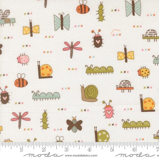 Image of Bug Collector The Bugs Cloud quilting cotton fabric by Sweetwater for Moda Fabrics. Features insects on a white background. Cute Little Fabric Shop.