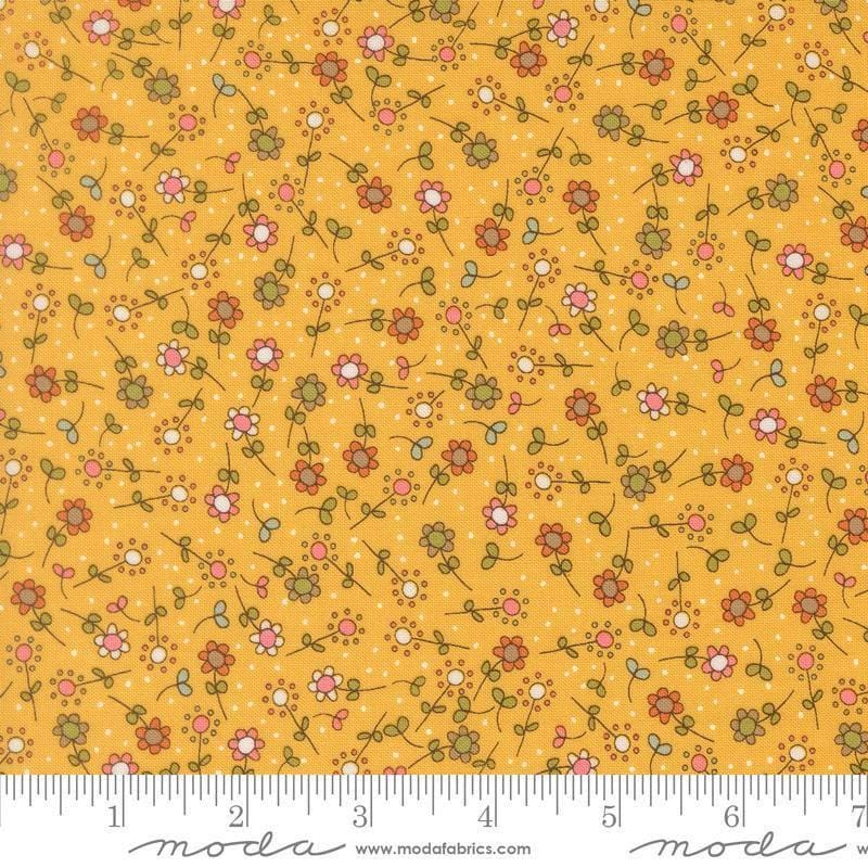 Image of Bug Collector Meadow Sunshine quilting cotton fabric by Sweetwater for Moda Fabrics. Features flowers on a yellow background. Cute Little Fabric Shop.