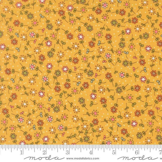 Image of Bug Collector Meadow Sunshine quilting cotton fabric by Sweetwater for Moda Fabrics. Features flowers on a yellow background. Cute Little Fabric Shop.