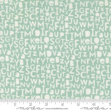 Image of Bug Collector Alphabet Sky quilting cotton fabric by Sweetwater for Moda Fabrics. Features letters on a blue background. Cute Little Fabric Shop.