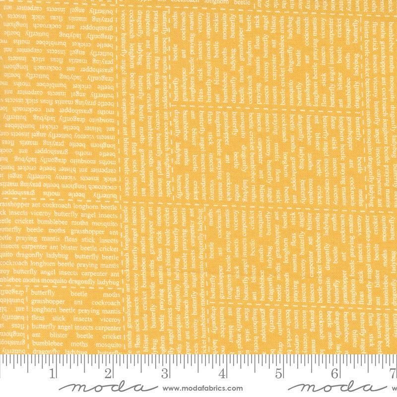 Image of Bug Collector In The News Sunshine quilting cotton fabric by Sweetwater for Moda Fabrics. Features words on a yellow background. Cute Little Fabric Shop.
