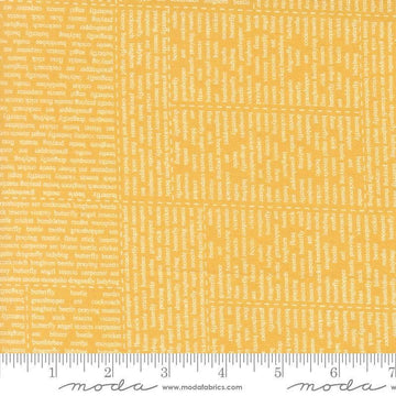 Image of Bug Collector In The News Sunshine quilting cotton fabric by Sweetwater for Moda Fabrics. Features words on a yellow background. Cute Little Fabric Shop.