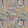 Image of Drawn to Create Art Supplies Gray quilting cotton fabric by Eulalia Mejia for QT Fabrics. Features art supplies on a gray background. Cute Little Fabric Shop.