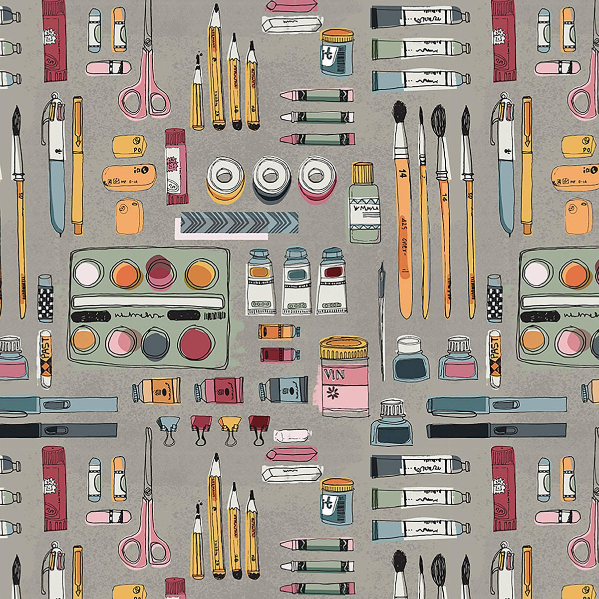 Image of Drawn to Create Art Supplies Gray quilting cotton fabric by Eulalia Mejia for QT Fabrics. Features art supplies on a gray background. Cute Little Fabric Shop.