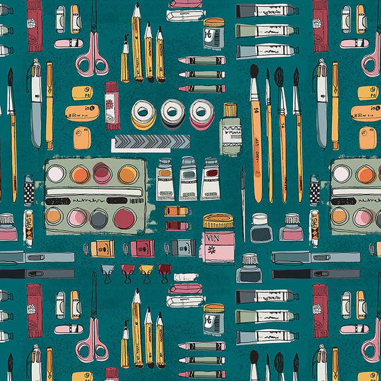 Image of Drawn to Create Art Supplies Teal quilting cotton fabric by Eulalia Mejia for QT Fabrics. Features art supplies on a blue background. Cute Little Fabric Shop.