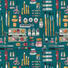 Image of Drawn to Create Art Supplies Teal quilting cotton fabric by Eulalia Mejia for QT Fabrics. Features art supplies on a blue background. Cute Little Fabric Shop.