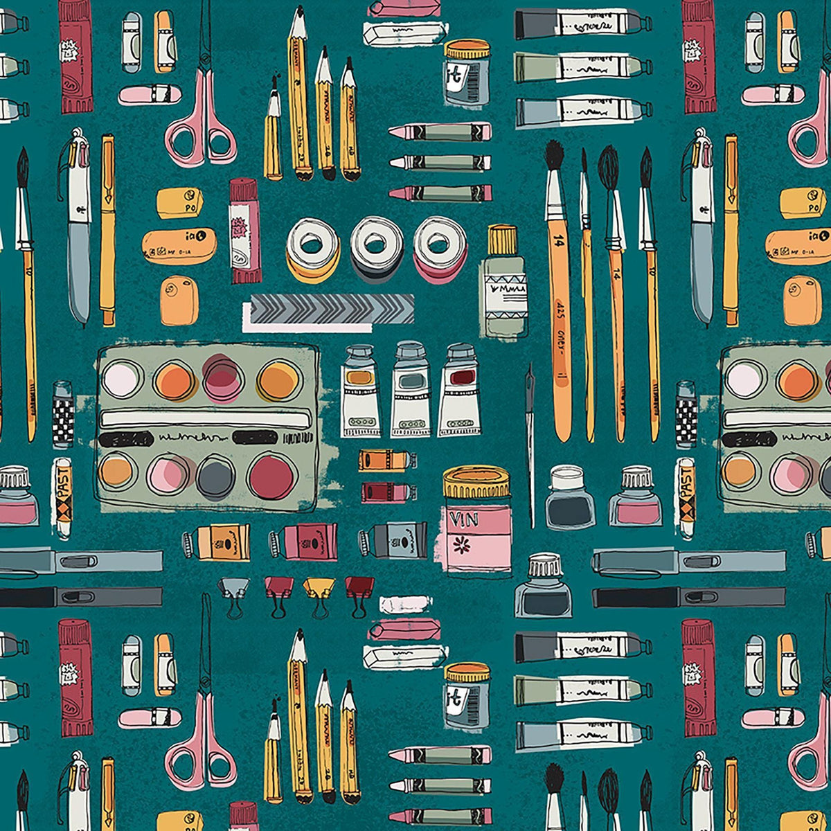Image of Drawn to Create Art Supplies Teal quilting cotton fabric by Eulalia Mejia for QT Fabrics. Features art supplies on a blue background. Cute Little Fabric Shop.