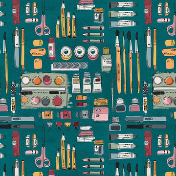 Image of Drawn to Create Art Supplies Teal quilting cotton fabric by Eulalia Mejia for QT Fabrics. Features art supplies on a blue background. Cute Little Fabric Shop.
