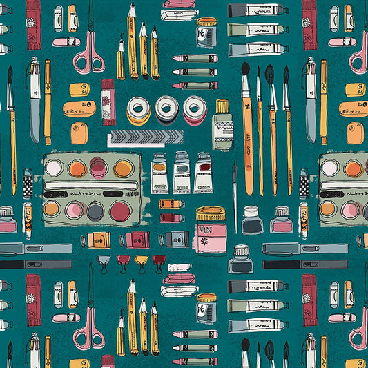 Image of Drawn to Create Art Supplies Teal quilting cotton fabric by Eulalia Mejia for QT Fabrics. Features art supplies on a blue background. Cute Little Fabric Shop.