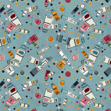Image of Drawn to Create Paint Tubes Dusty Teal quilting cotton fabric by Eulalia Mejia for QT Fabrics. Features art supplies on a blue background. Cute Little Fabric Shop.