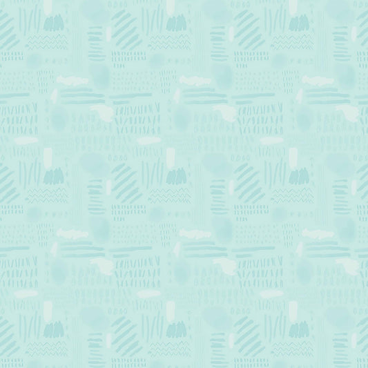 Image of Drawn to Create Doodles Dusty Aqua quilting cotton fabric by Eulalia Mejia for QT Fabrics. Features scribbles on a blue background. Cute Little Fabric Shop.