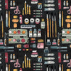 Image of Drawn to Create Art Supplies Charcoal quilting cotton fabric by Eulalia Mejia for QT Fabrics. Features art supplies on a black background. Cute Little Fabric Shop.