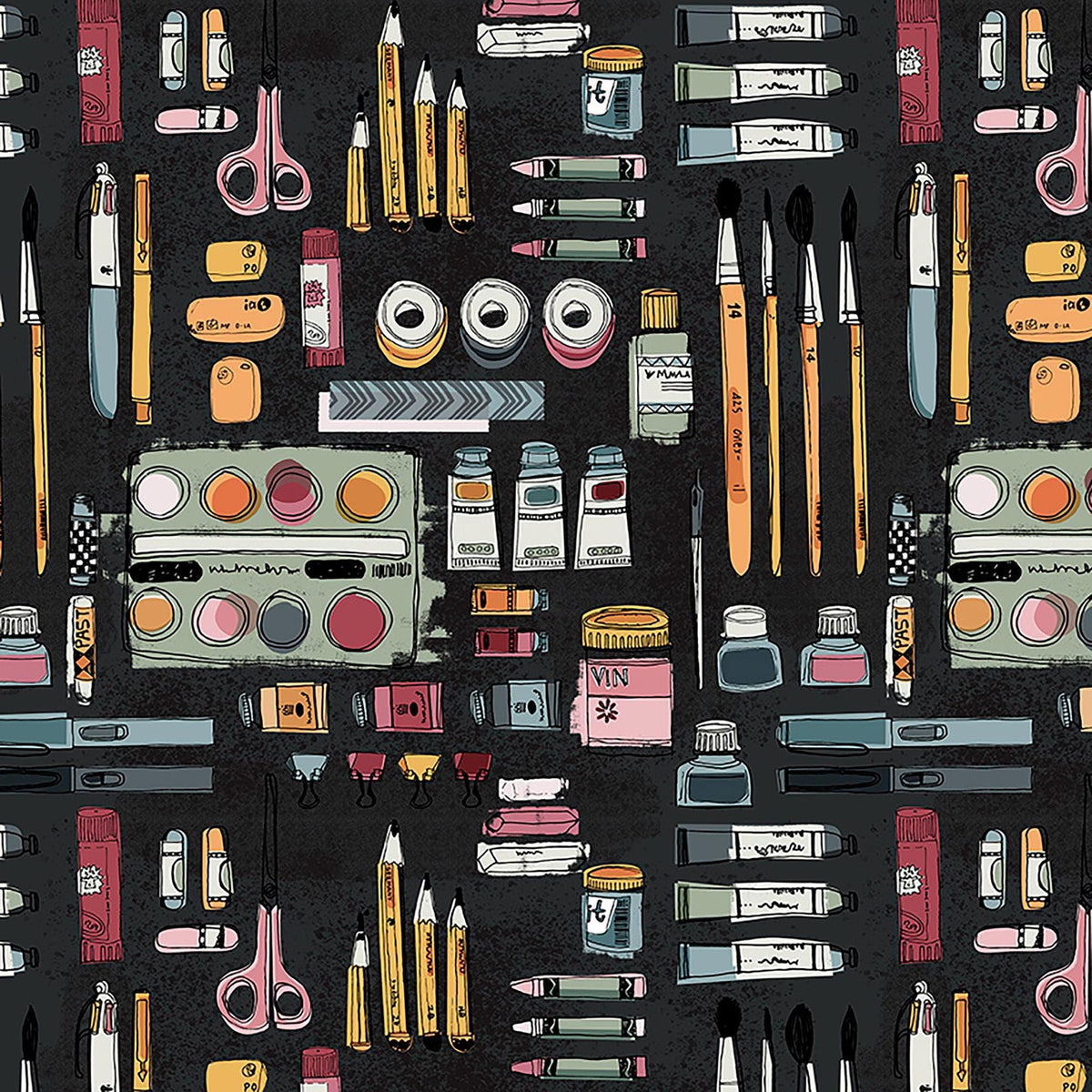 Image of Drawn to Create Art Supplies Charcoal quilting cotton fabric by Eulalia Mejia for QT Fabrics. Features art supplies on a black background. Cute Little Fabric Shop.