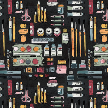 Image of Drawn to Create Art Supplies Charcoal quilting cotton fabric by Eulalia Mejia for QT Fabrics. Features art supplies on a black background. Cute Little Fabric Shop.