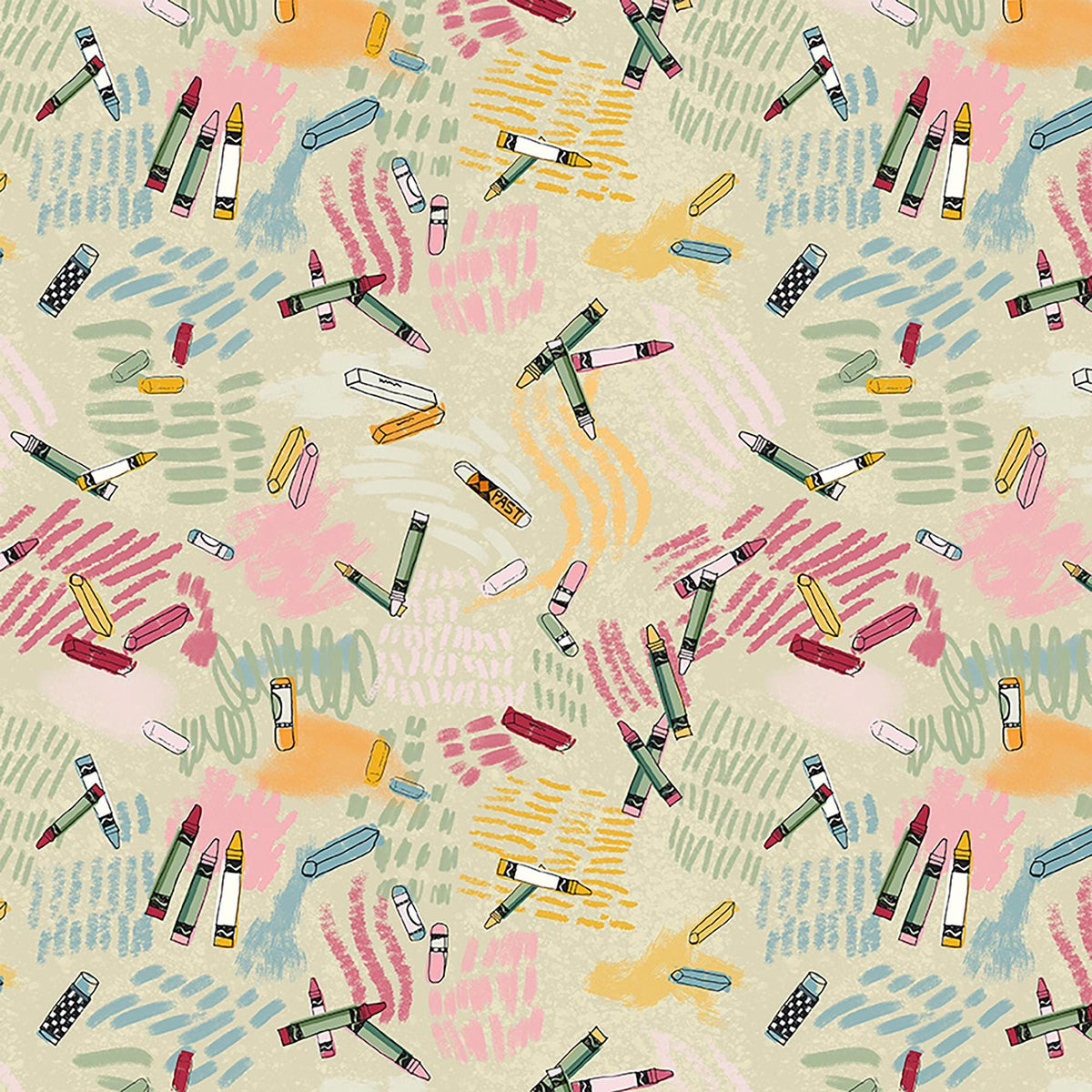 Image of Drawn to Create Crayon Doodles Light Khaki quilting cotton fabric by Eulalia Mejia for QT Fabrics. Features scribbles on a beige background. Cute Little Fabric Shop.