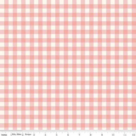 Image of Hedgerow Haven Gingham Blossom quilting cotton fabric by Amber Elliot for Riley Blake Designs. Features gingham on a pink background. Cute Little Fabric Shop.