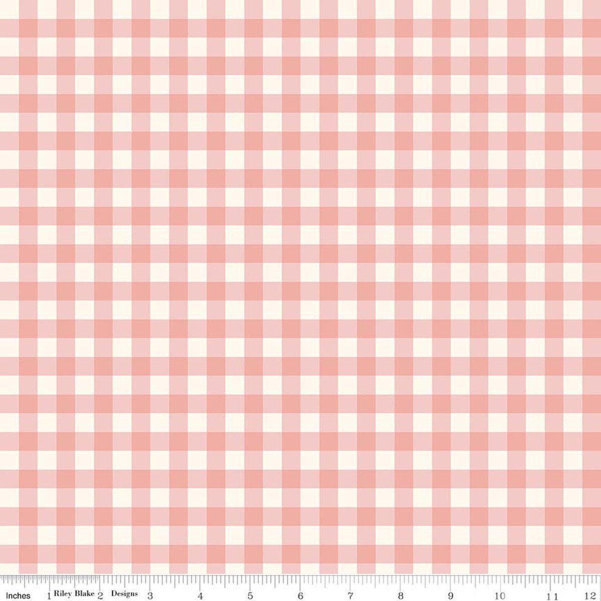 Image of Hedgerow Haven Gingham Blossom quilting cotton fabric by Amber Elliot for Riley Blake Designs. Features gingham on a pink background. Cute Little Fabric Shop.