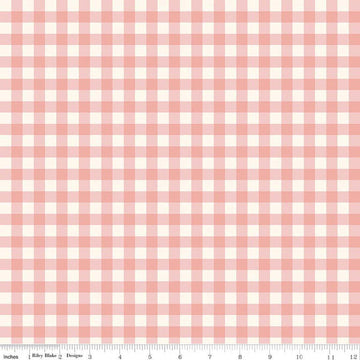 Image of Hedgerow Haven Gingham Blossom quilting cotton fabric by Amber Elliot for Riley Blake Designs. Features gingham on a pink background. Cute Little Fabric Shop.