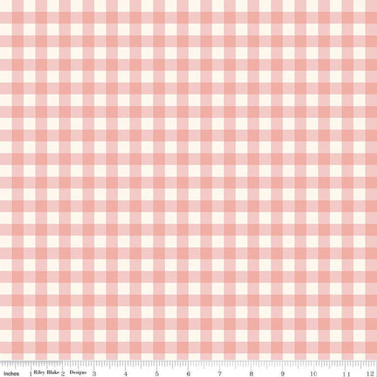 Image of Hedgerow Haven Gingham Blossom quilting cotton fabric by Amber Elliot for Riley Blake Designs. Features gingham on a pink background. Cute Little Fabric Shop.