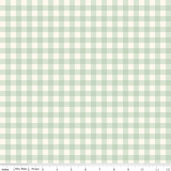 Image of Hedgerow Haven Gingham Meadow quilting cotton fabric by Amber Elliot for Riley Blake Designs. Features gingham on a green background. Cute Little Fabric Shop.