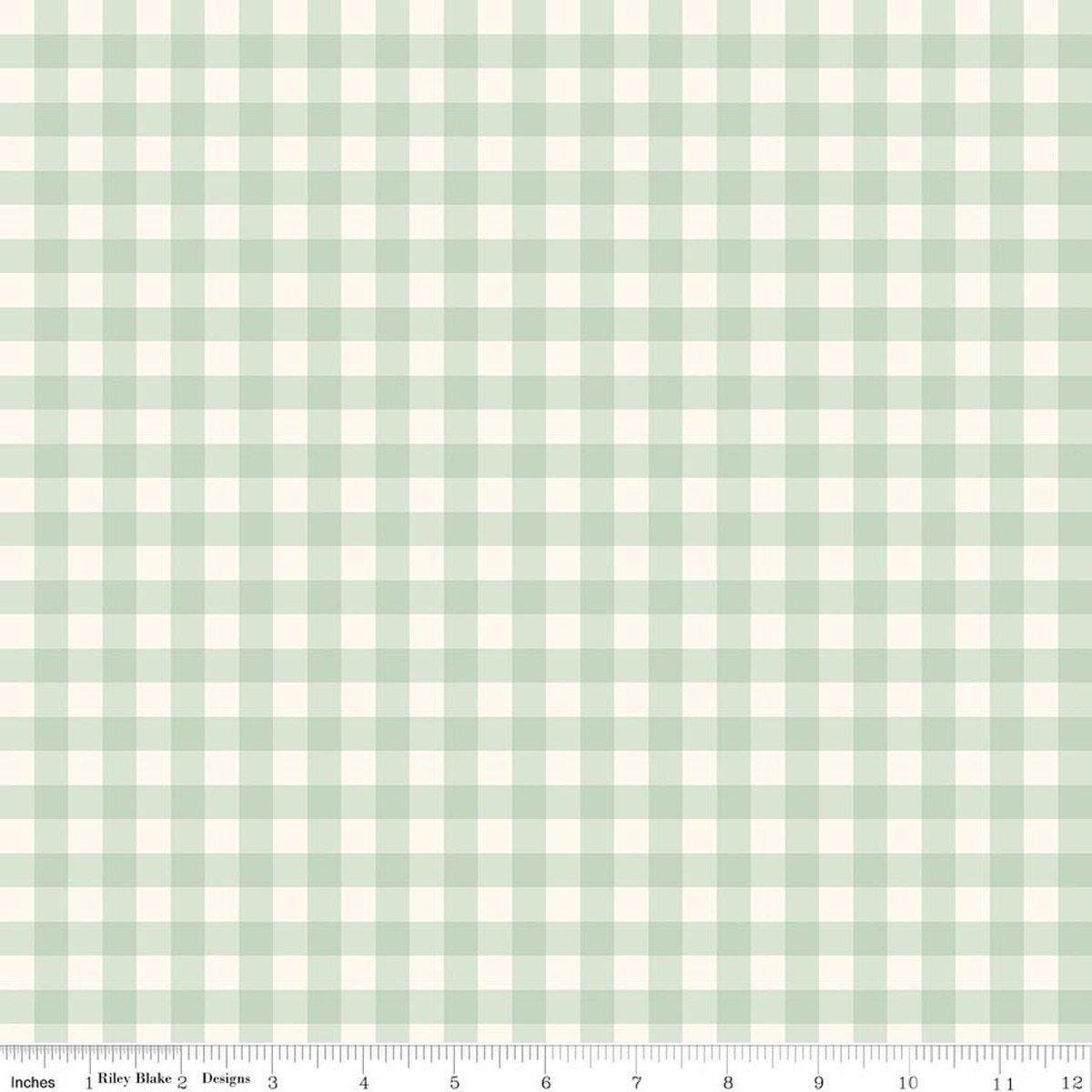 Image of Hedgerow Haven Gingham Meadow quilting cotton fabric by Amber Elliot for Riley Blake Designs. Features gingham on a green background. Cute Little Fabric Shop.