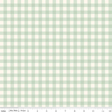 Image of Hedgerow Haven Gingham Meadow quilting cotton fabric by Amber Elliot for Riley Blake Designs. Features gingham on a green background. Cute Little Fabric Shop.