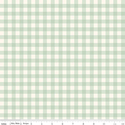 Image of Hedgerow Haven Gingham Meadow quilting cotton fabric by Amber Elliot for Riley Blake Designs. Features gingham on a green background. Cute Little Fabric Shop.
