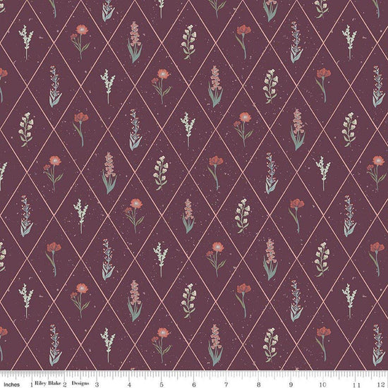 Image of Hedgerow Haven Floral Argyle Sangria quilting cotton fabric by Amber Elliot for Riley Blake Designs. Features flowers on a purple background. Cute Little Fabric Shop.