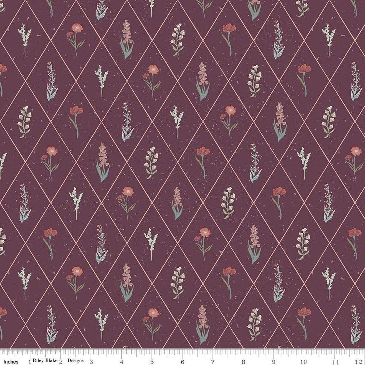 Image of Hedgerow Haven Floral Argyle Sangria quilting cotton fabric by Amber Elliot for Riley Blake Designs. Features flowers on a purple background. Cute Little Fabric Shop.