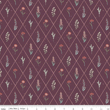 Image of Hedgerow Haven Floral Argyle Sangria quilting cotton fabric by Amber Elliot for Riley Blake Designs. Features flowers on a purple background. Cute Little Fabric Shop.