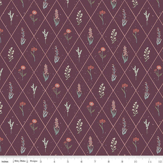 Image of Hedgerow Haven Floral Argyle Sangria quilting cotton fabric by Amber Elliot for Riley Blake Designs. Features flowers on a purple background. Cute Little Fabric Shop.