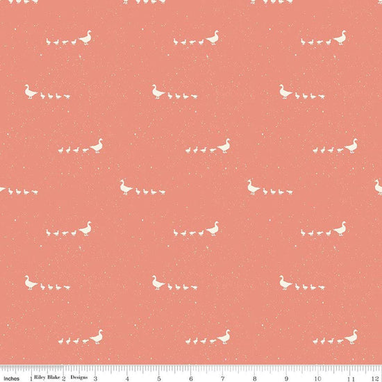 Image of Hedgerow Haven Geese Lipstick quilting cotton fabric by Amber Elliot for Riley Blake Designs. Features birds on a pinky orange background. Cute Little Fabric Shop.