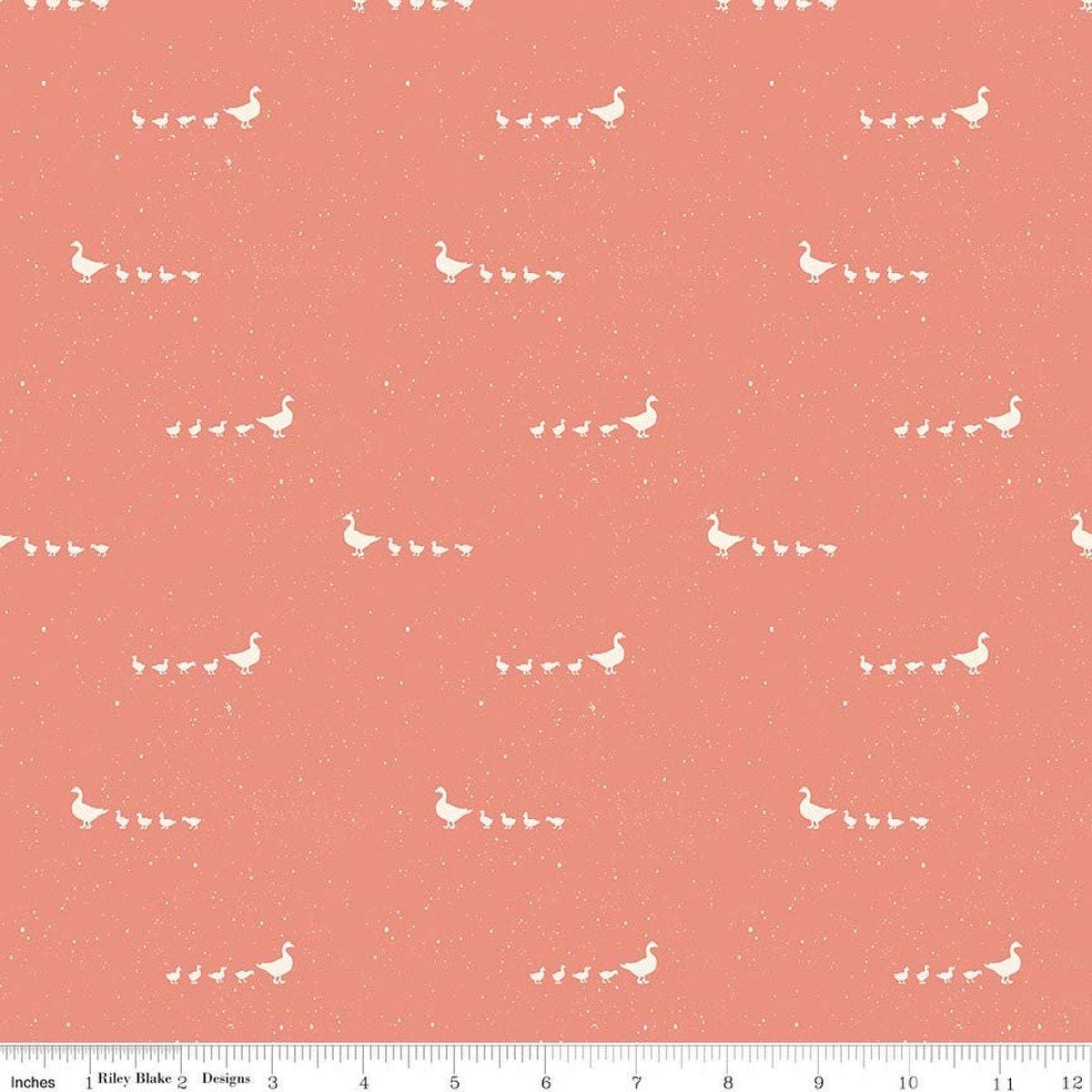Image of Hedgerow Haven Geese Lipstick quilting cotton fabric by Amber Elliot for Riley Blake Designs. Features birds on a pinky orange background. Cute Little Fabric Shop.