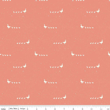 Image of Hedgerow Haven Geese Lipstick quilting cotton fabric by Amber Elliot for Riley Blake Designs. Features birds on a pinky orange background. Cute Little Fabric Shop.