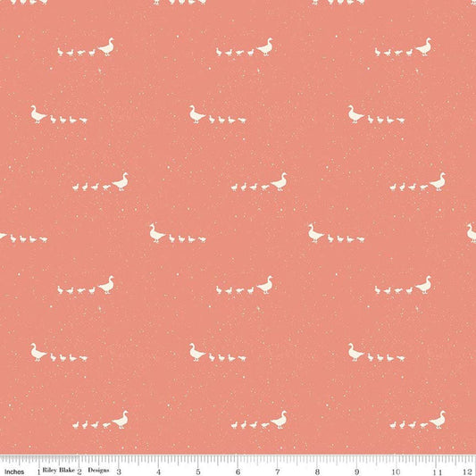 Image of Hedgerow Haven Geese Lipstick quilting cotton fabric by Amber Elliot for Riley Blake Designs. Features birds on a pinky orange background. Cute Little Fabric Shop.