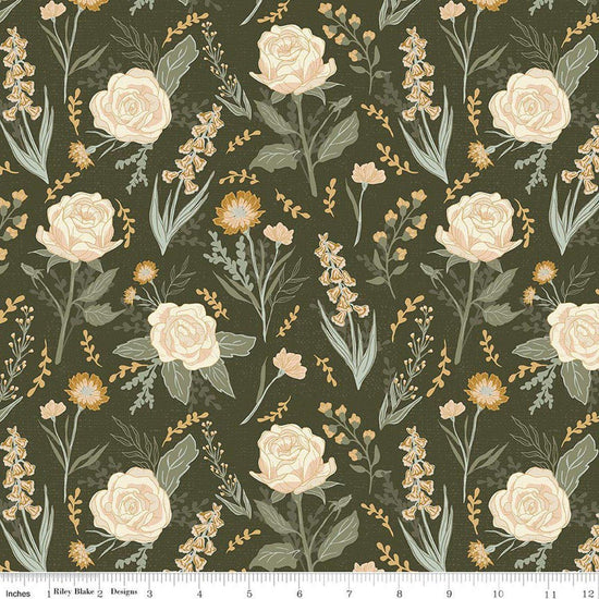Image of Hedgerow Haven Cottage Floral Green quilting cotton fabric by Amber Elliot for Riley Blake Designs. Features flowers on a green background. Cute Little Fabric Shop.