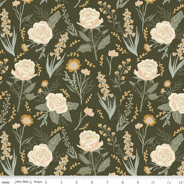 Image of Hedgerow Haven Cottage Floral Green quilting cotton fabric by Amber Elliot for Riley Blake Designs. Features flowers on a green background. Cute Little Fabric Shop.