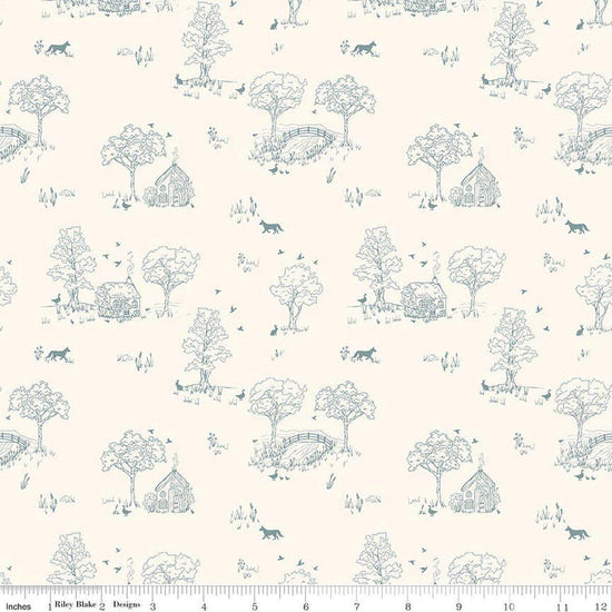 Image of Hedgerow Haven Toile Cream quilting cotton fabric by Amber Elliot for Riley Blake Designs. Features nature landscape on a cream background. Cute Little Fabric Shop.