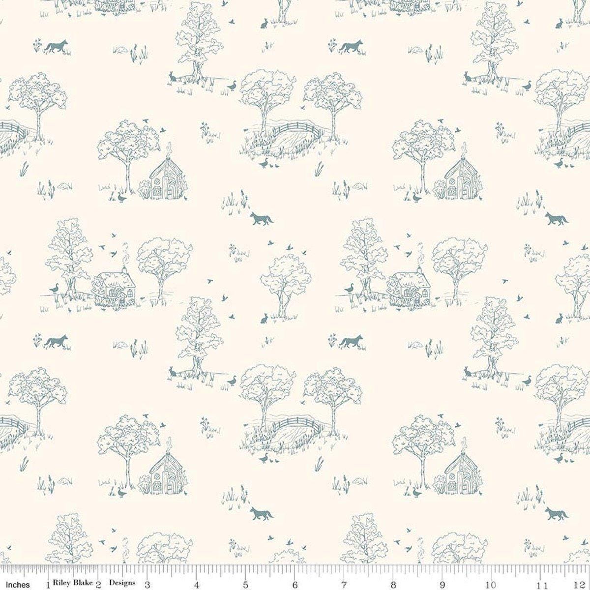 Image of Hedgerow Haven Toile Cream quilting cotton fabric by Amber Elliot for Riley Blake Designs. Features nature landscape on a cream background. Cute Little Fabric Shop.