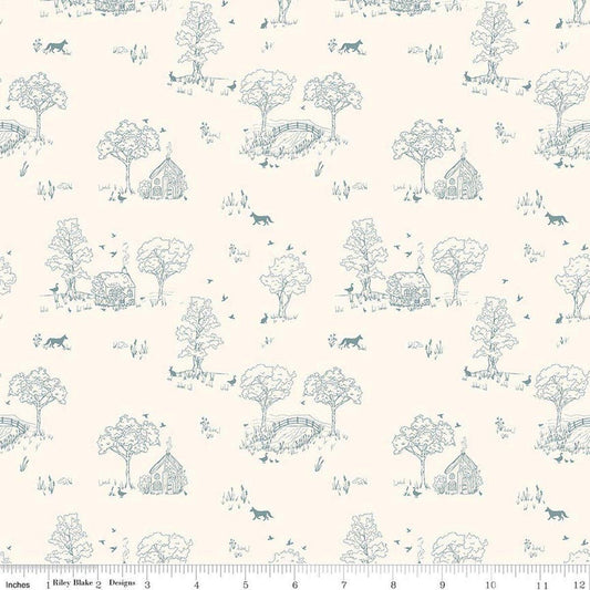 Image of Hedgerow Haven Toile Cream quilting cotton fabric by Amber Elliot for Riley Blake Designs. Features nature landscape on a cream background. Cute Little Fabric Shop.