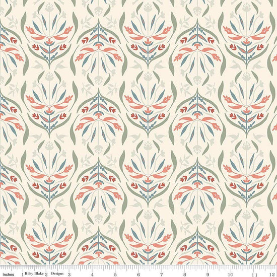 Image of Hedgerow Haven Damask Cream quilting cotton fabric by Amber Elliot for Riley Blake Designs. Features flowers on a cream background. Cute Little Fabric Shop.